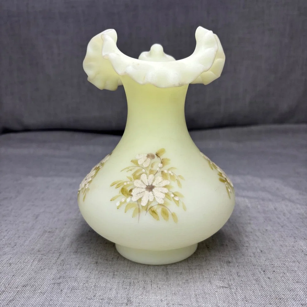 Vintage Fenton Custard Glass Uranium Vase Hand Painted Daisy Ruffled Edge Signed